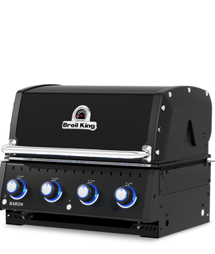 A black outdoor gas grill with four blue-lit control knobs and a silver handle, shown on a solid white background.