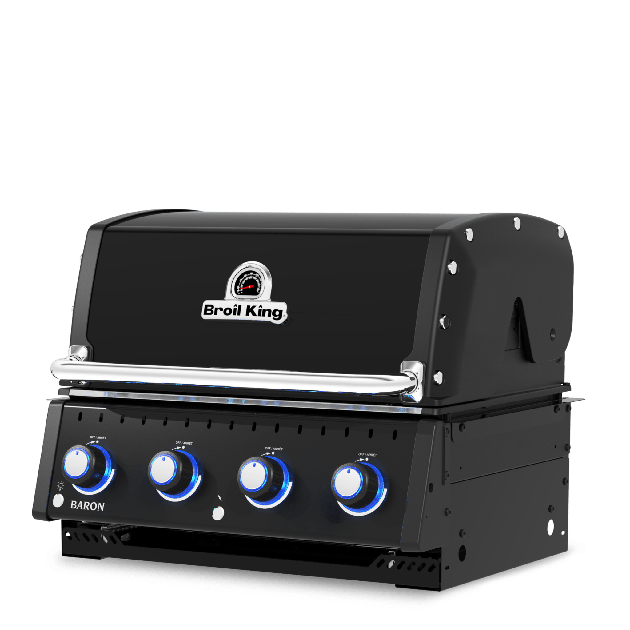 A black outdoor gas grill with four blue-lit control knobs and a silver handle, shown on a solid white background.