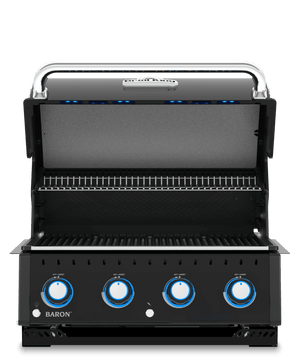 A black BAKSTON outdoor gas grill with four blue control knobs and a stainless steel handle, shown open against a solid white background.