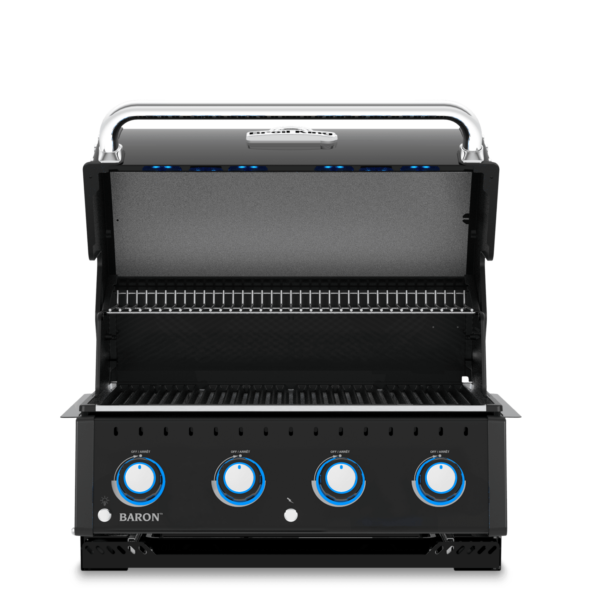 A black BAKSTON outdoor gas grill with four blue control knobs and a stainless steel handle, shown open against a solid white background.