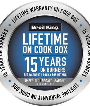 Broil King Lifetime on Cook Box 15 Years on Burners warranty badge for Imperial Regal Baron series gas grills, featuring a circular silver and blue design with white text.