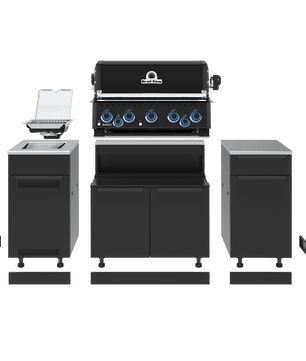 Outdoor kitchen island set with a black gas grill in the center, flanked by two matching dark gray storage cabinets, and a prep sink unit with a sink and faucet on the left. The grill features blue control knobs and a visible 'Grizzly' brand logo.