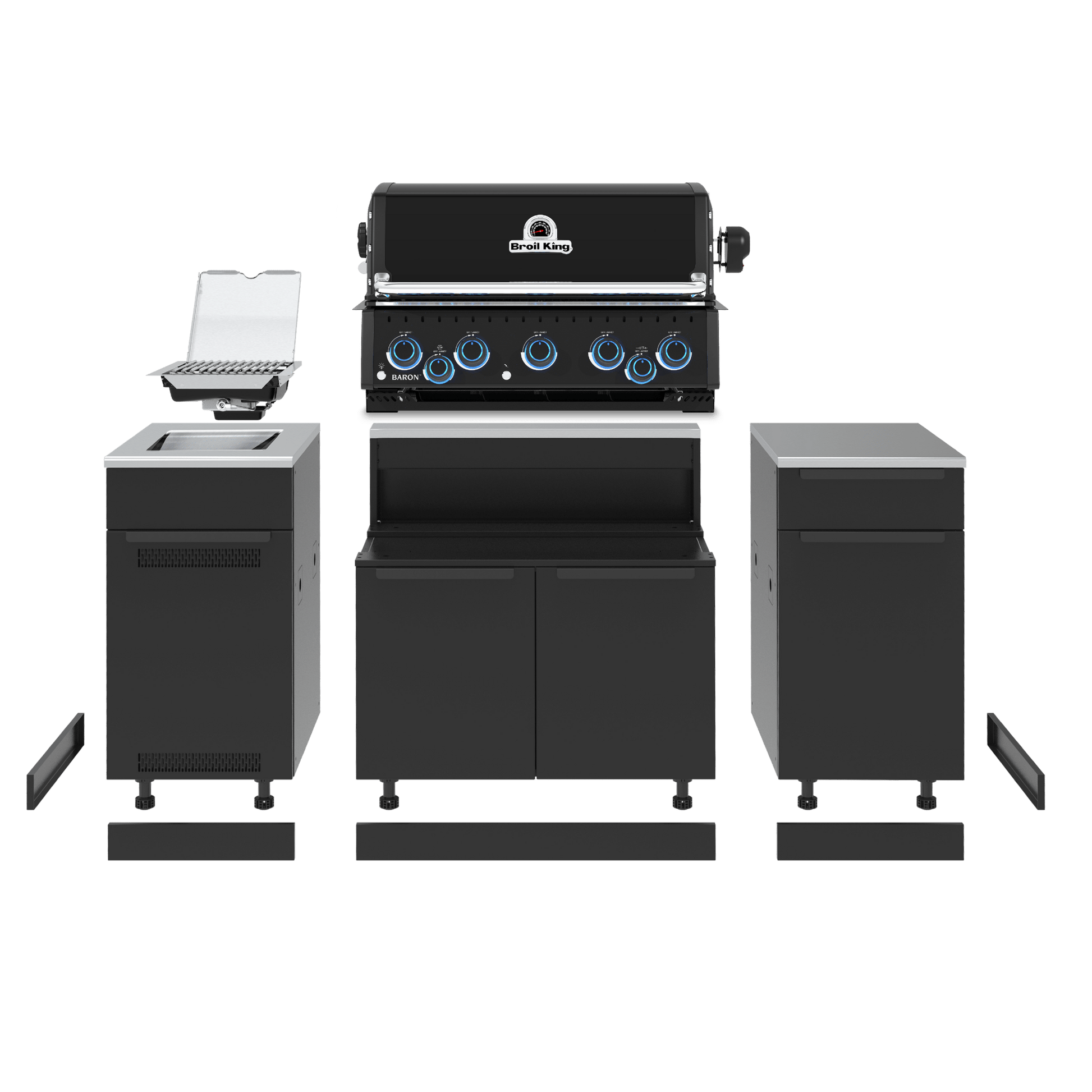 Outdoor kitchen island set with a black gas grill in the center, flanked by two matching dark gray storage cabinets, and a prep sink unit with a sink and faucet on the left. The grill features blue control knobs and a visible 'Grizzly' brand logo.