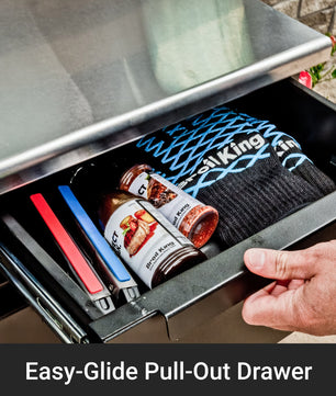 Hand opening a metal drawer with Fossil King products inside, labeled 'Easy-Glide Pull-Out Drawer'.