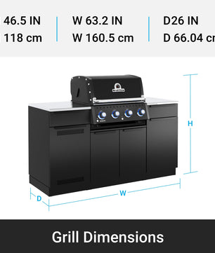 Black grill with dimensions displayed on a white background