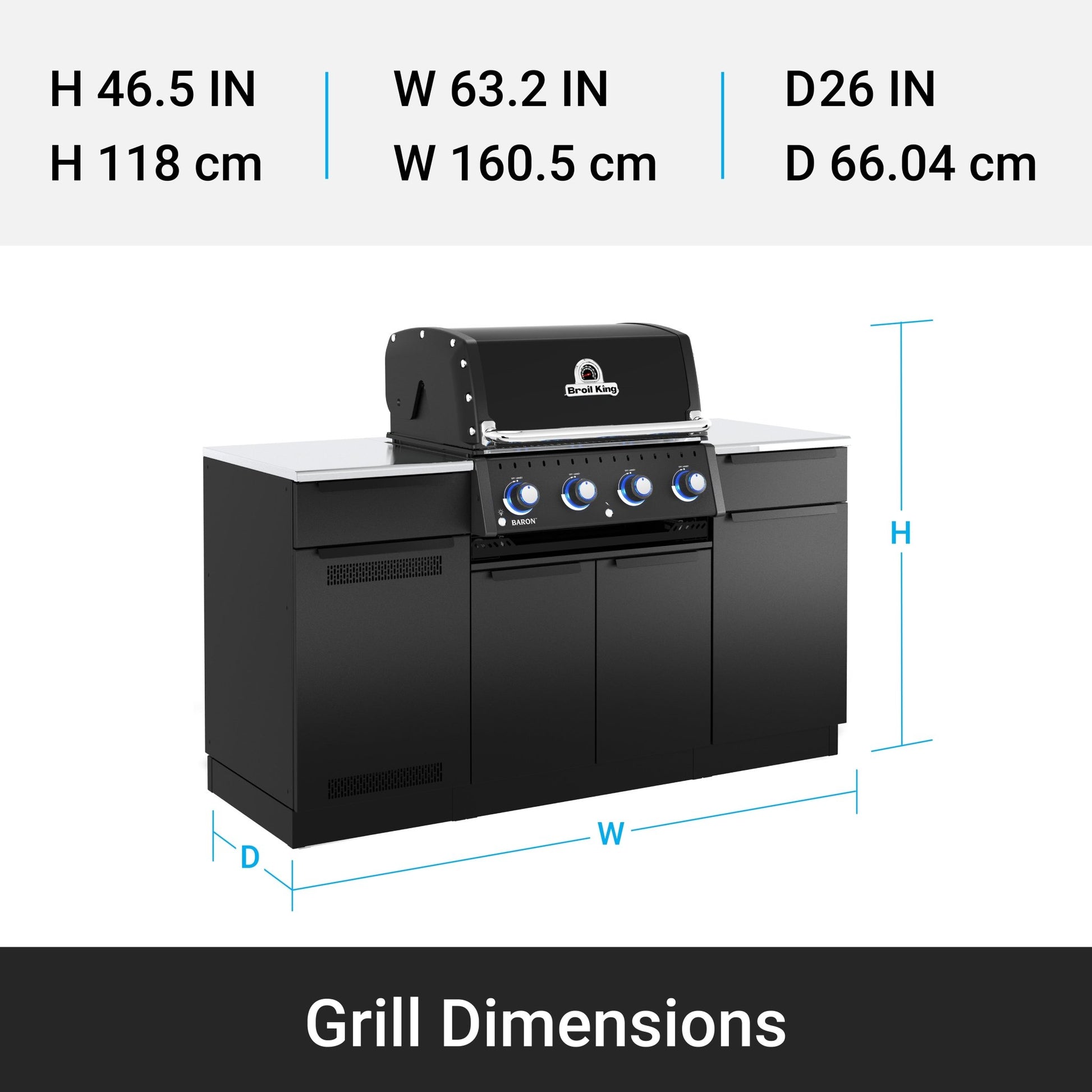 Black grill with dimensions displayed on a white background