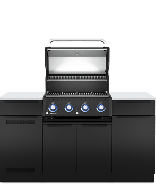 Black outdoor grill with cabinets on a white background