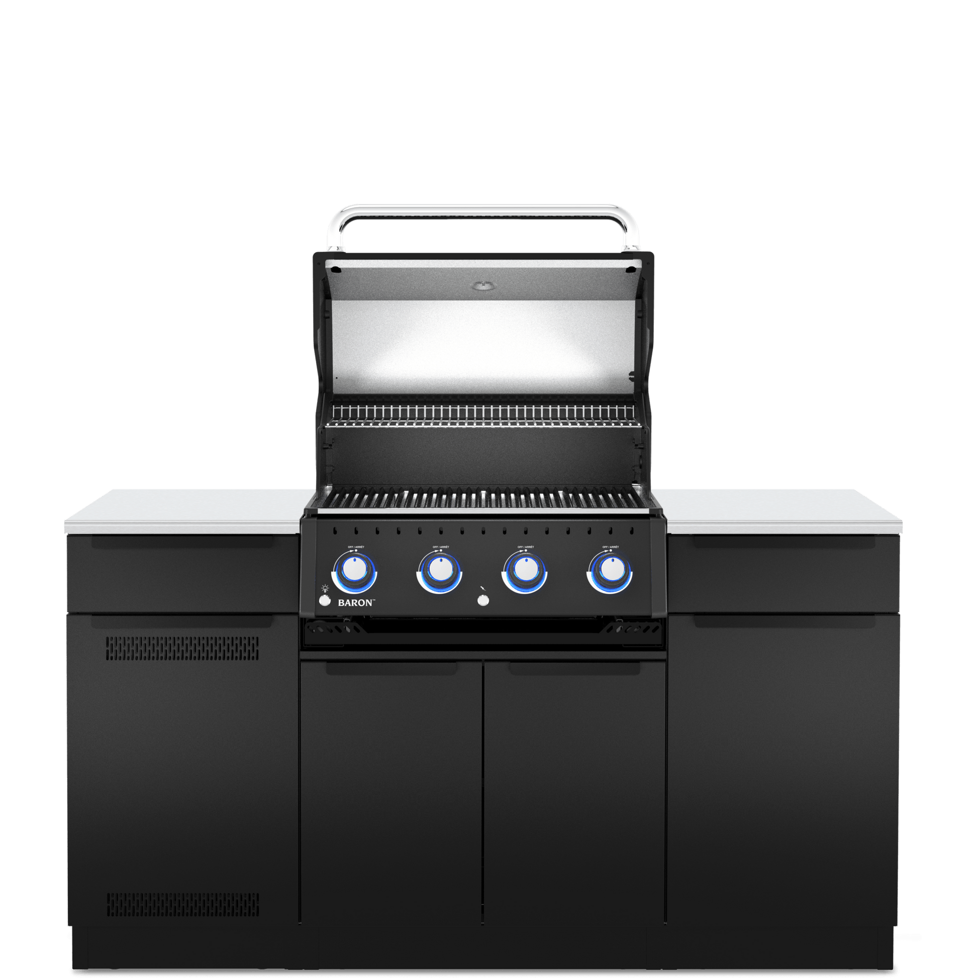 Black outdoor grill with cabinets on a white background