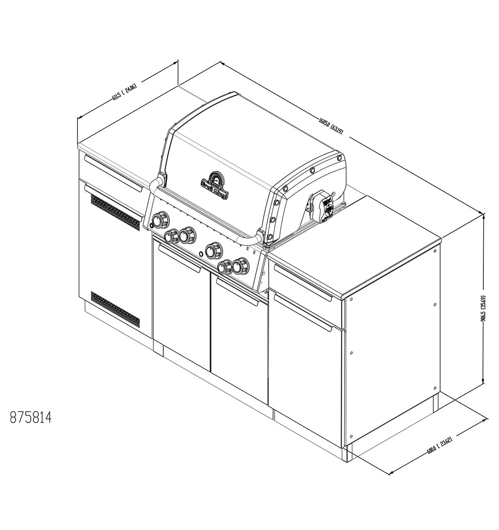 Technical drawing of a barbecue grill with dimensions
