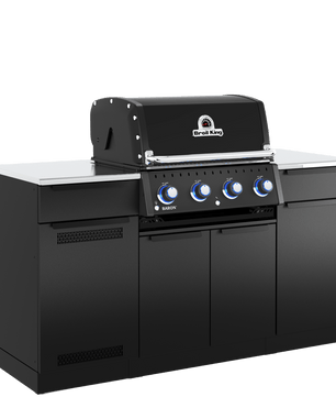A black outdoor kitchen island set with a built-in gas grill on top, featuring a stainless steel work surface, black cabinets, and blue control knobs, shown against a plain white background.