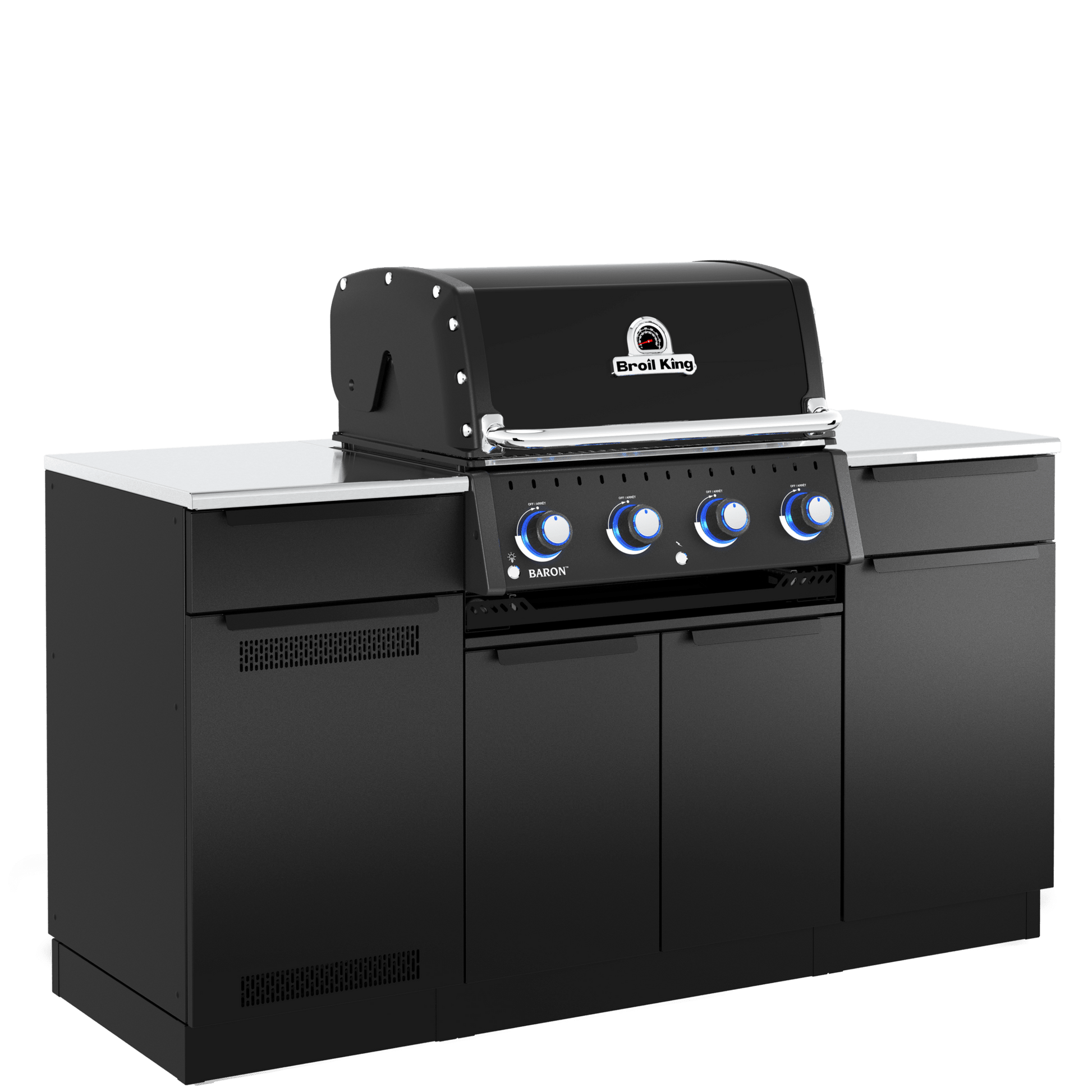 A black outdoor kitchen island set with a built-in gas grill on top, featuring a stainless steel work surface, black cabinets, and blue control knobs, shown against a plain white background.