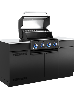 A black outdoor kitchen island set featuring a four-burner gas grill with an open lid, stainless steel countertops, and black cabinet doors with blue control knobs, shown on a solid white background.
