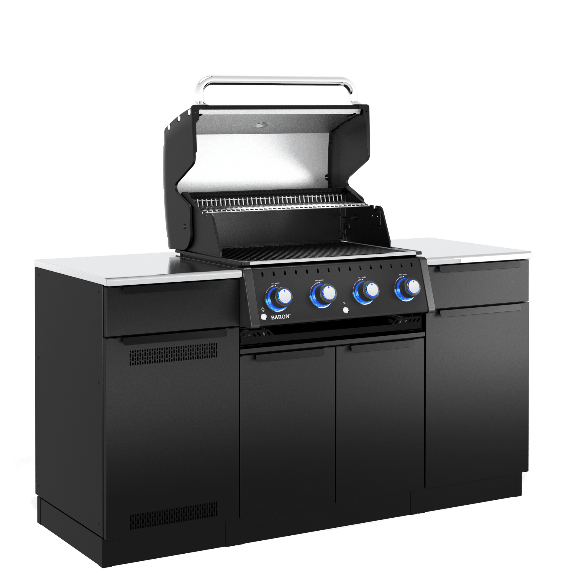 A black outdoor kitchen island set featuring a four-burner gas grill with an open lid, stainless steel countertops, and black cabinet doors with blue control knobs, shown on a solid white background.