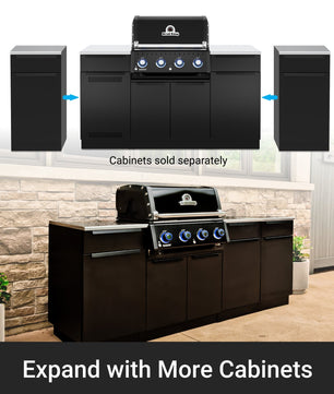 Outdoor kitchen island setup with a black gas grill and matching black cabinets, plus a top diagram showing separate cabinet modules that can be added. Text reads 'Cabinets sold separately' and 'Expand with More Cabinets.
