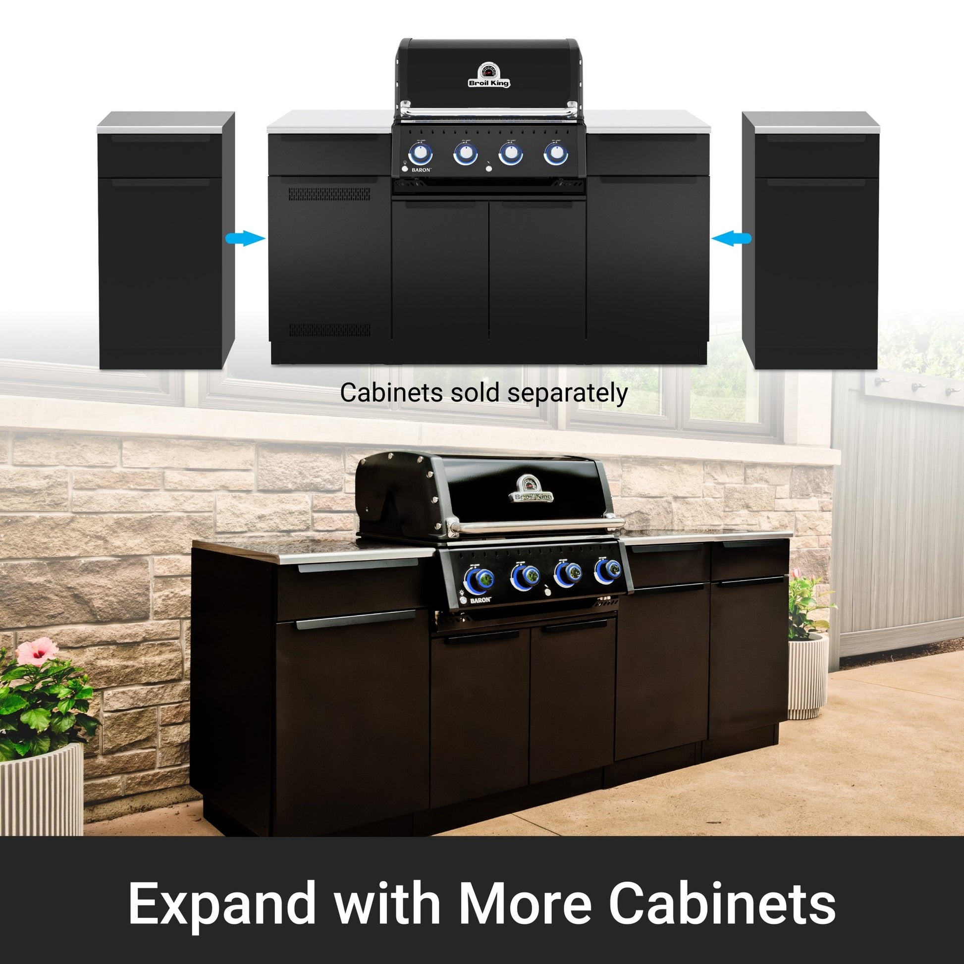 Outdoor kitchen island setup with a black gas grill and matching black cabinets, plus a top diagram showing separate cabinet modules that can be added. Text reads 'Cabinets sold separately' and 'Expand with More Cabinets.