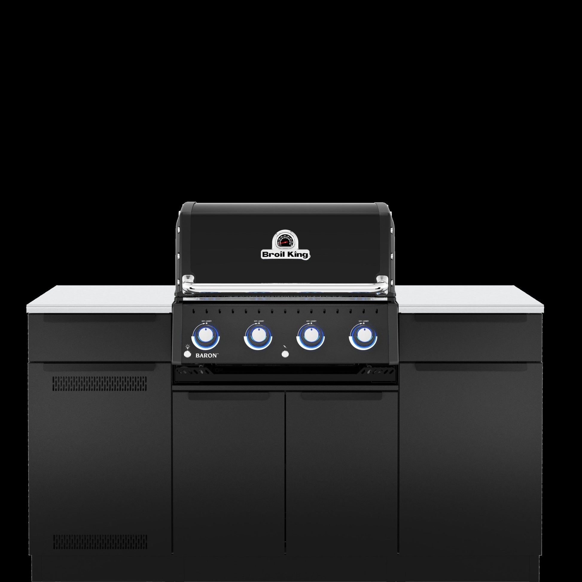 A black outdoor kitchen island set featuring a built-in gas grill with four blue-tinted control knobs, white countertops, and matching black side cabinets, shown against a solid black background.