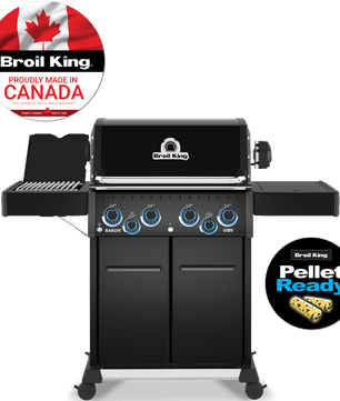 Broil King gas grill in black with blue control knobs, shown on a white background with two circular promotional badges: one reading 'Broil King Proudly Made in Canada' with a Canadian flag, and one reading 'Pellet Ready'.