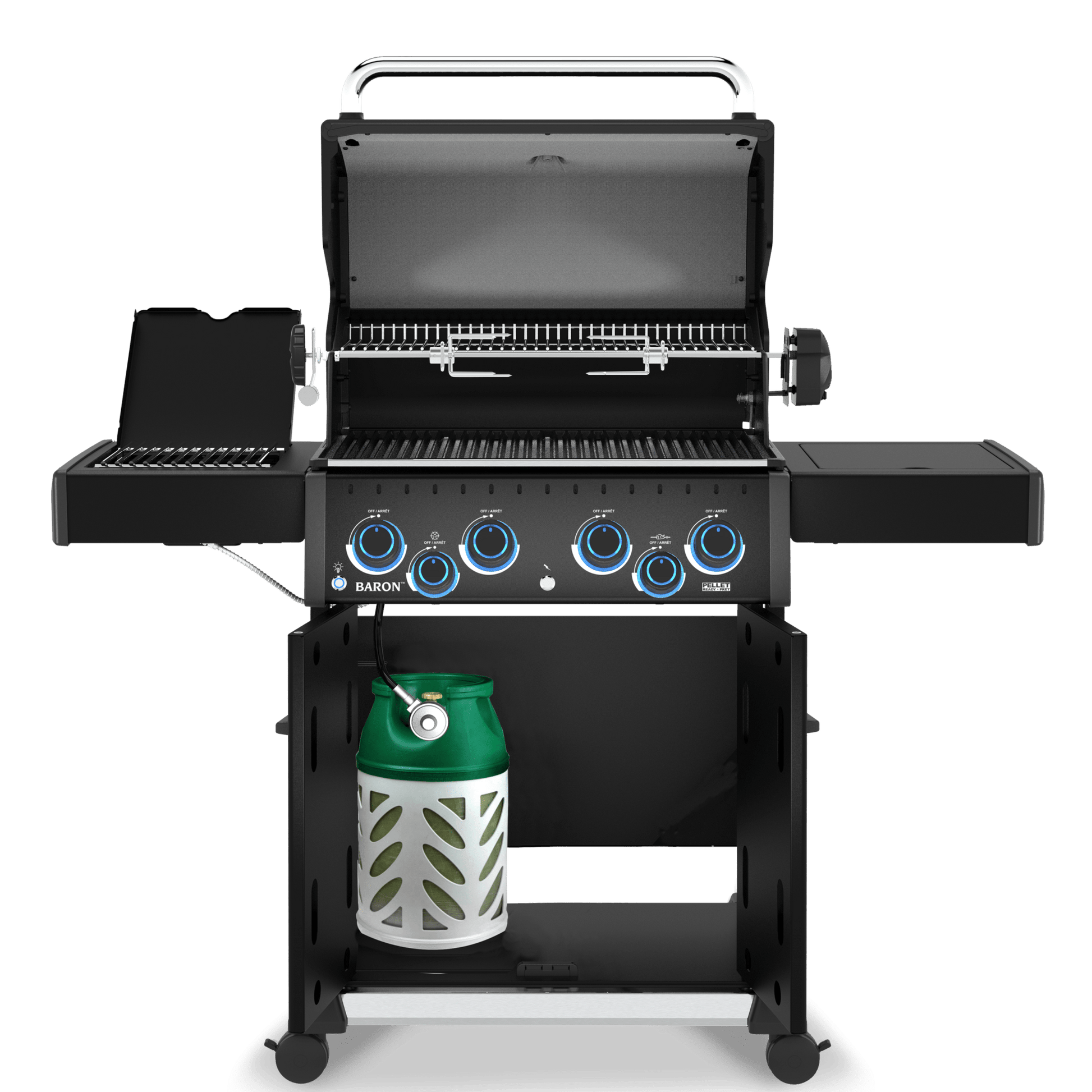 A black gas grill with four blue control knobs, shown open on a wheeled stand with a green and white propane tank underneath, photographed on a clean white background.