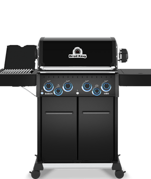 Black barbecue grill with visible brand logo on a white background
