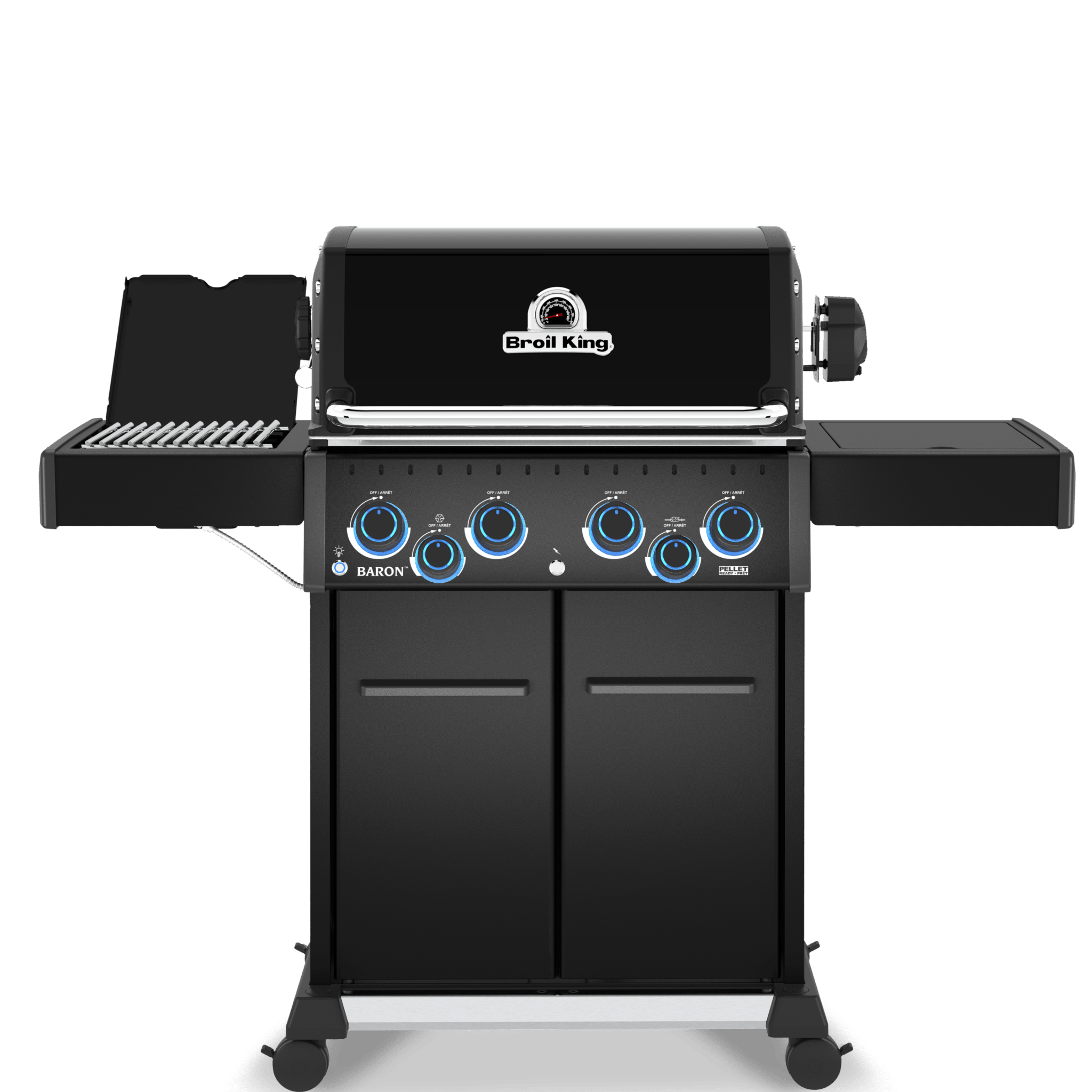 Black barbecue grill with visible brand logo on a white background