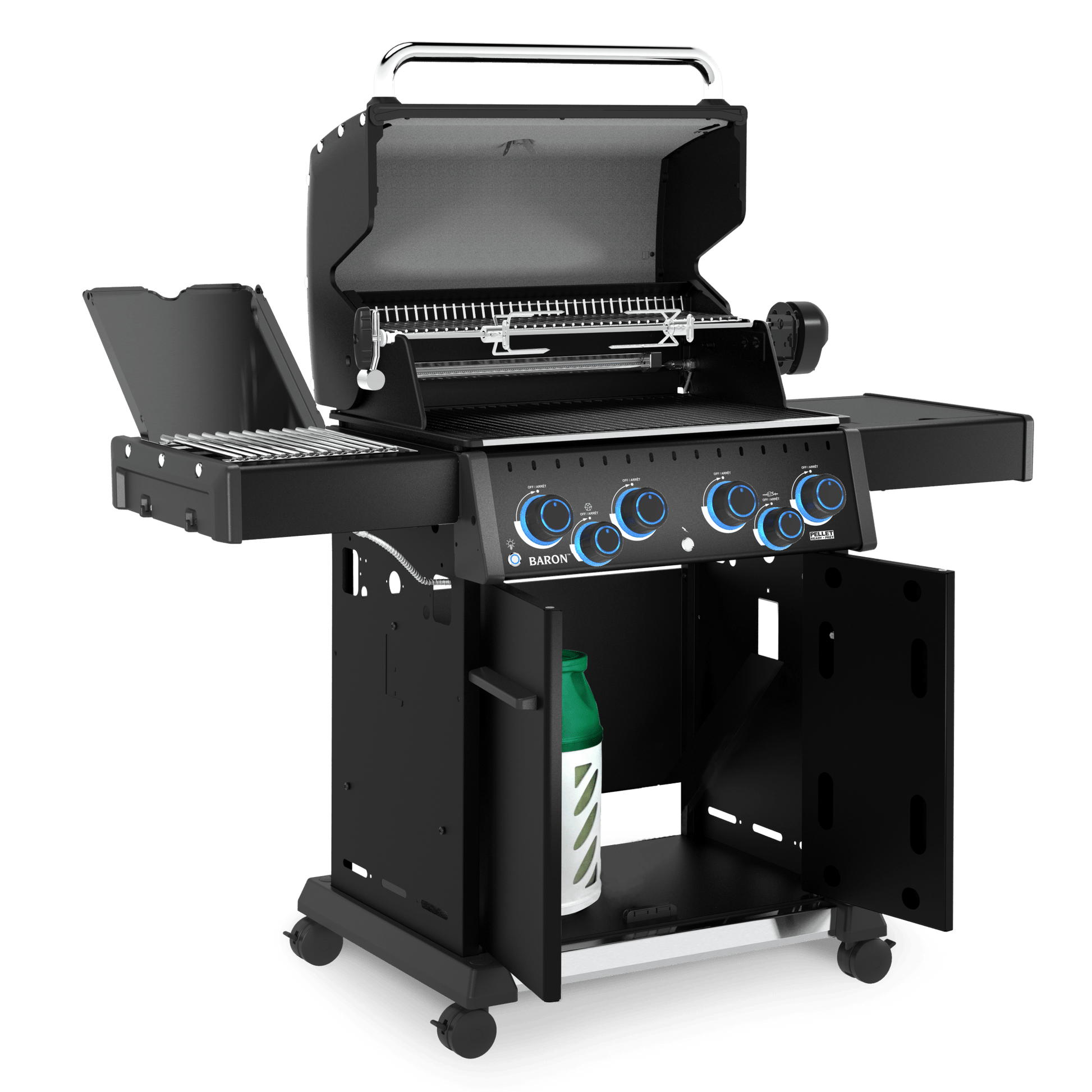 A black gas grill with an open lid, side tables on both sides, four control knobs with blue accents, and a lower storage cabinet door open to reveal a green bottle inside, shown on a plain white background.