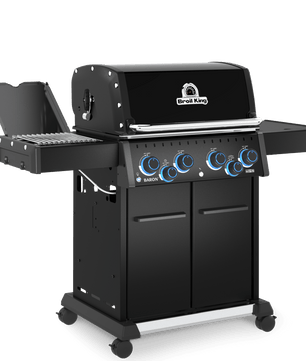 Black grill with multiple burners on a white background