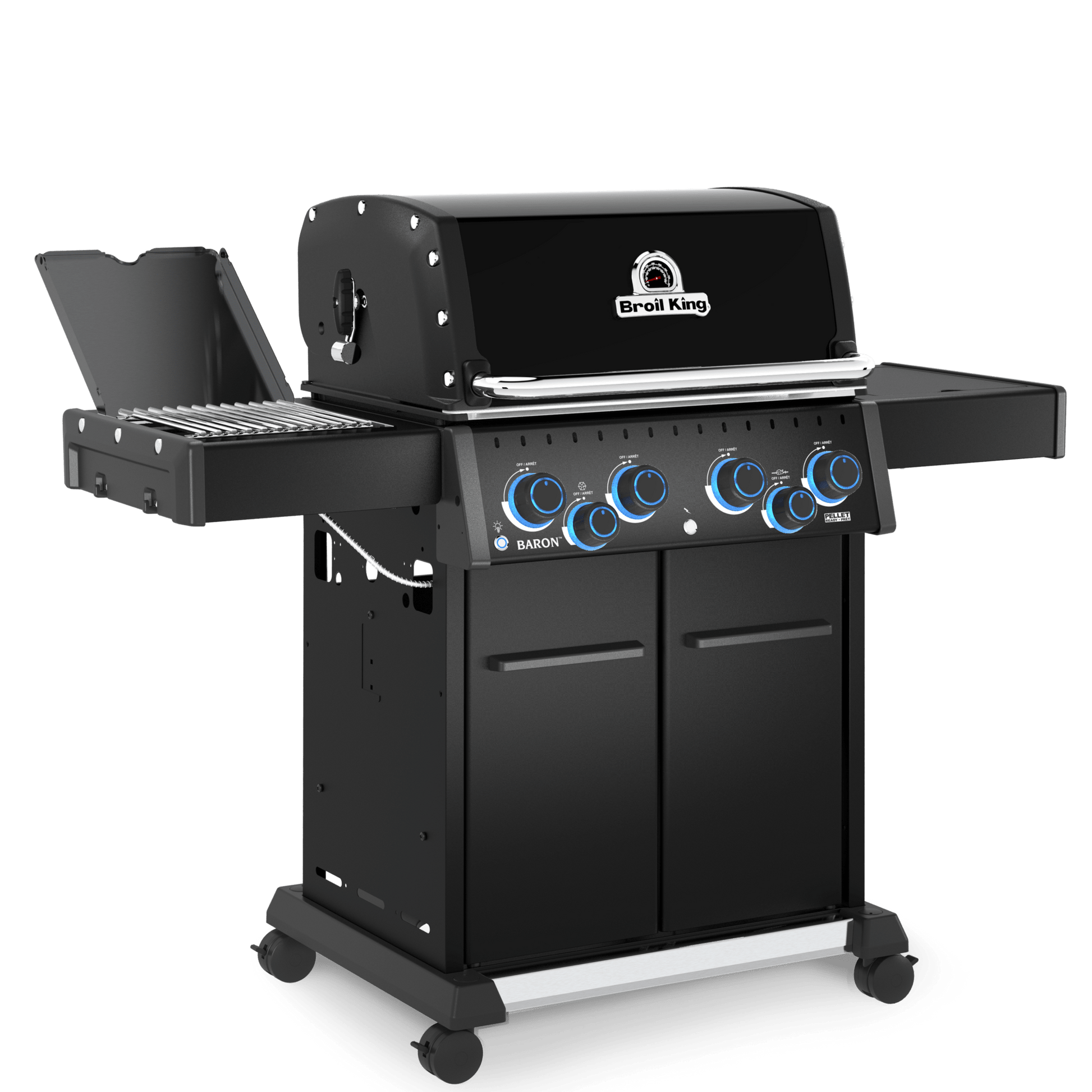 Black grill with multiple burners on a white background