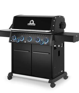 Black barbecue grill with brand logo on a white background