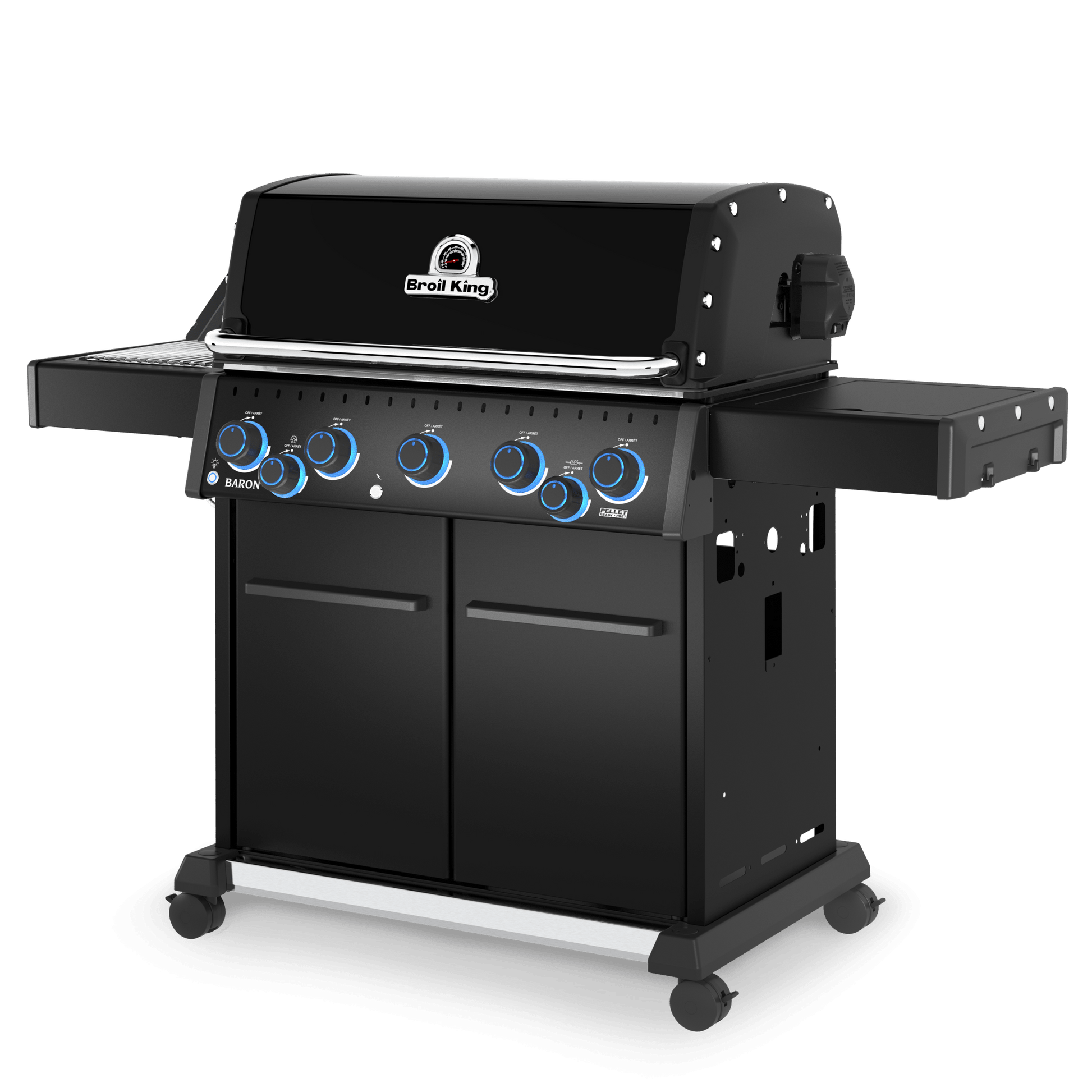 Black barbecue grill with brand logo on a white background