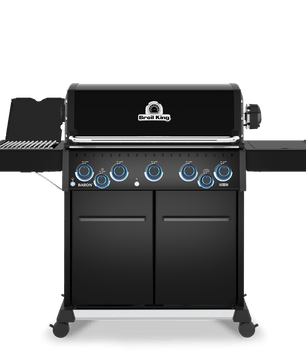 Black barbecue grill with brand logo on a white background