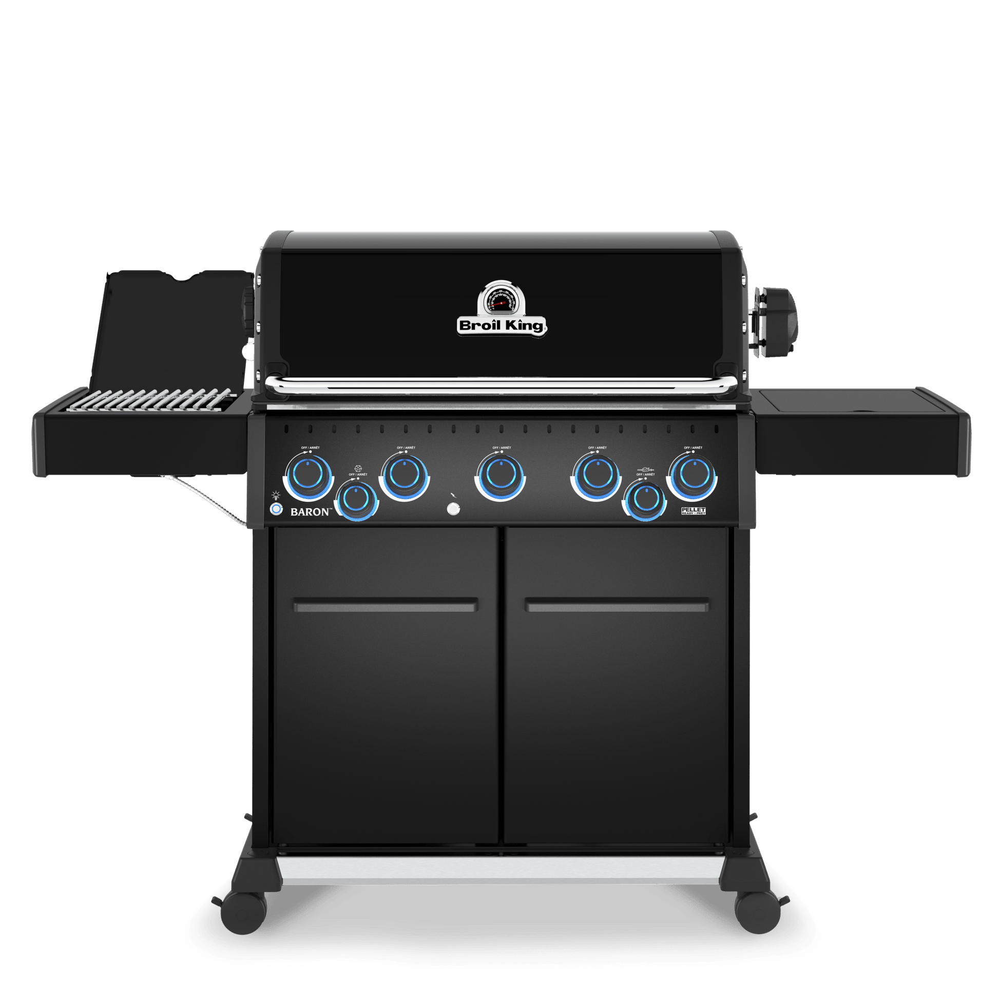 Black barbecue grill with brand logo on a white background