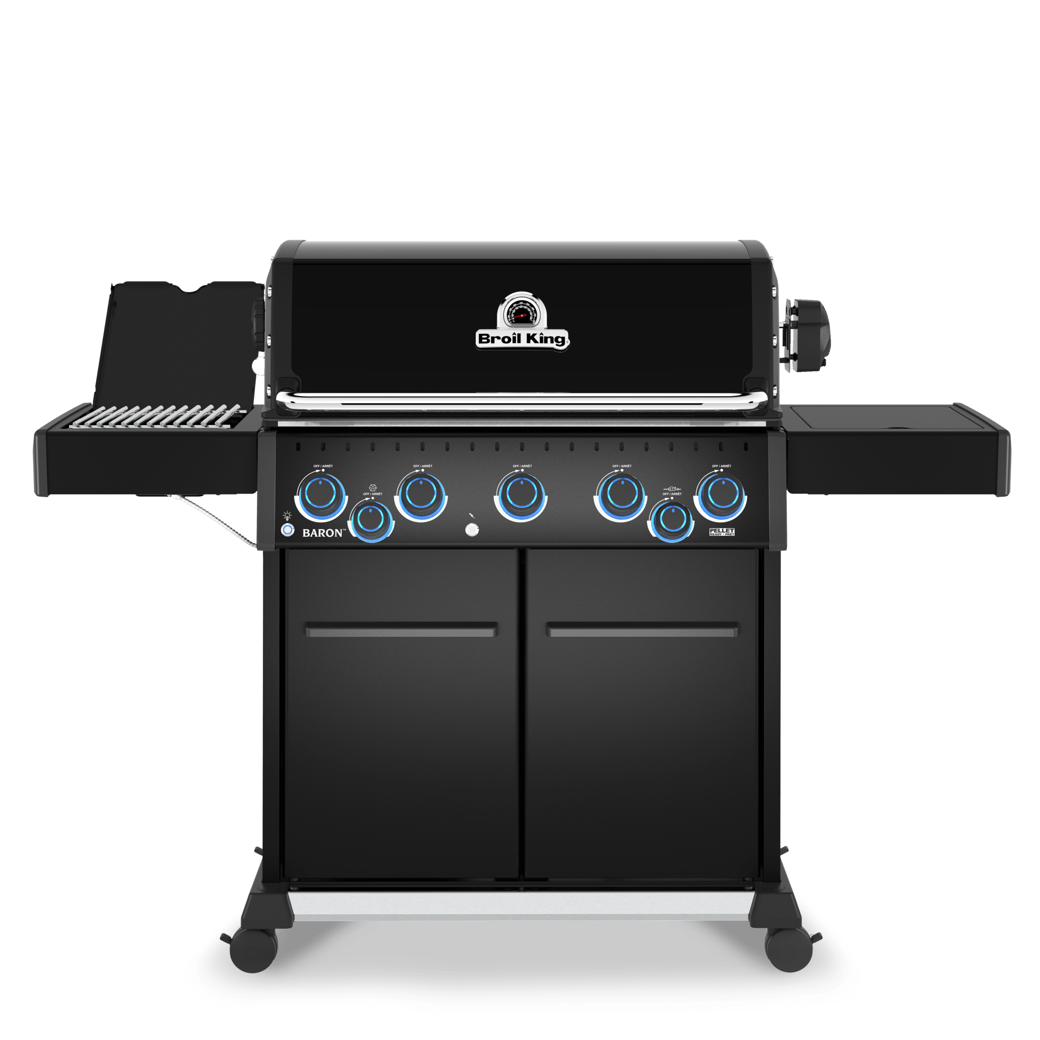 Black barbecue grill with brand logo on a white background