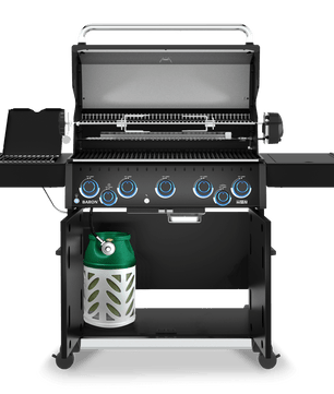 A black gas grill with six blue control knobs, shown open with its side tables extended. A green and white propane tank is stored in the lower shelf.