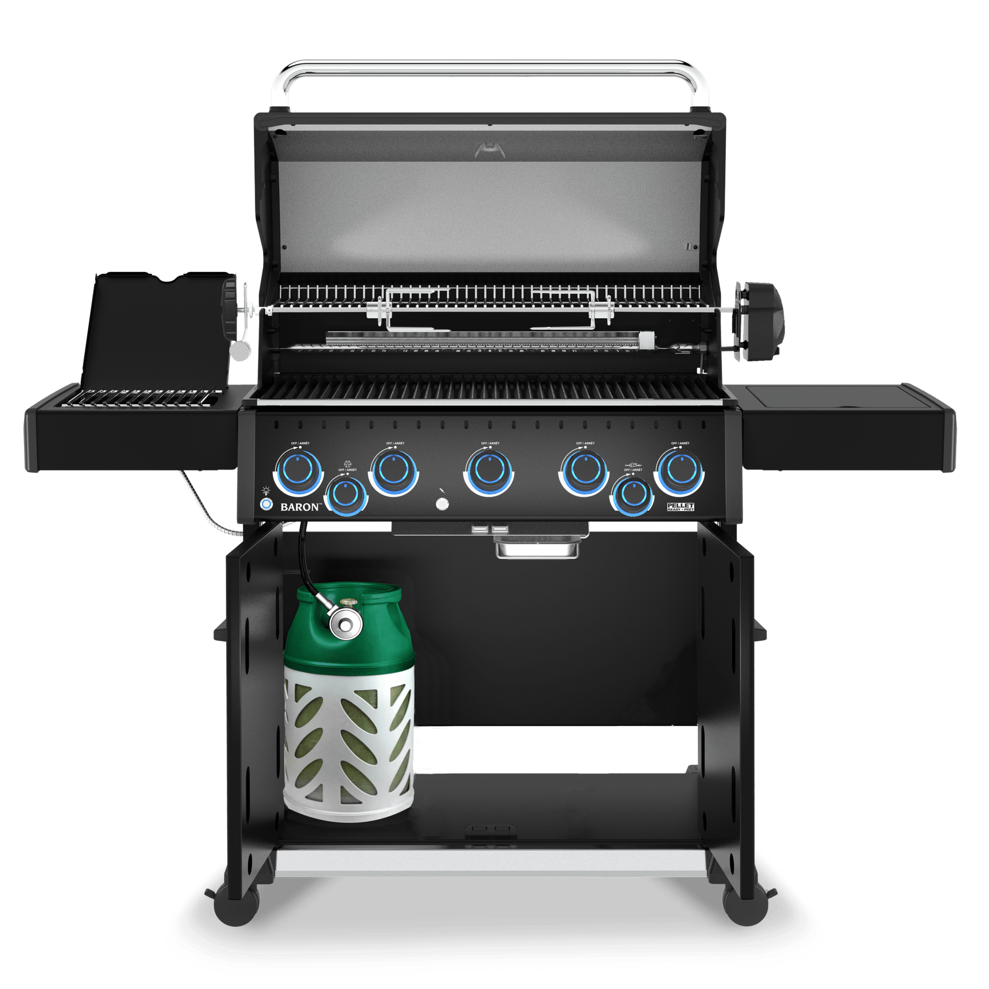 A black gas grill with six blue control knobs, shown open with its side tables extended. A green and white propane tank is stored in the lower shelf.