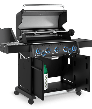 A black gas grill with an open lid, side table, lower storage cabinet, and four blue-detailed control knobs, shown on a clean white background.