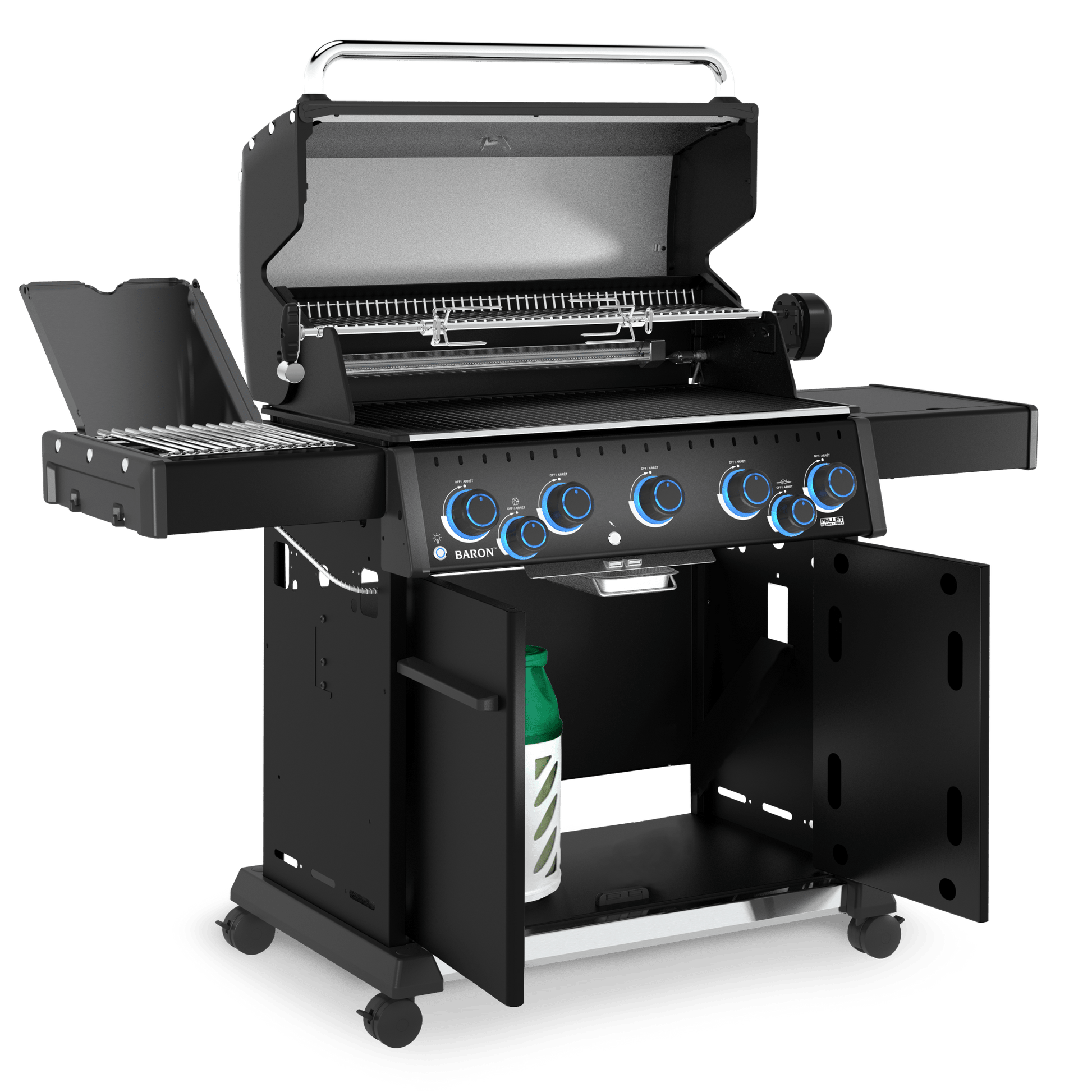 A black gas grill with an open lid, side table, lower storage cabinet, and four blue-detailed control knobs, shown on a clean white background.