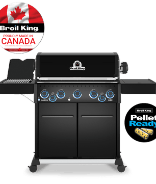 Black Broil King gas grill with side shelves, control knobs, and two circular promotional badges reading 'Broil King Premium Made in Canada' and 'Pellet Ready' on a white background.