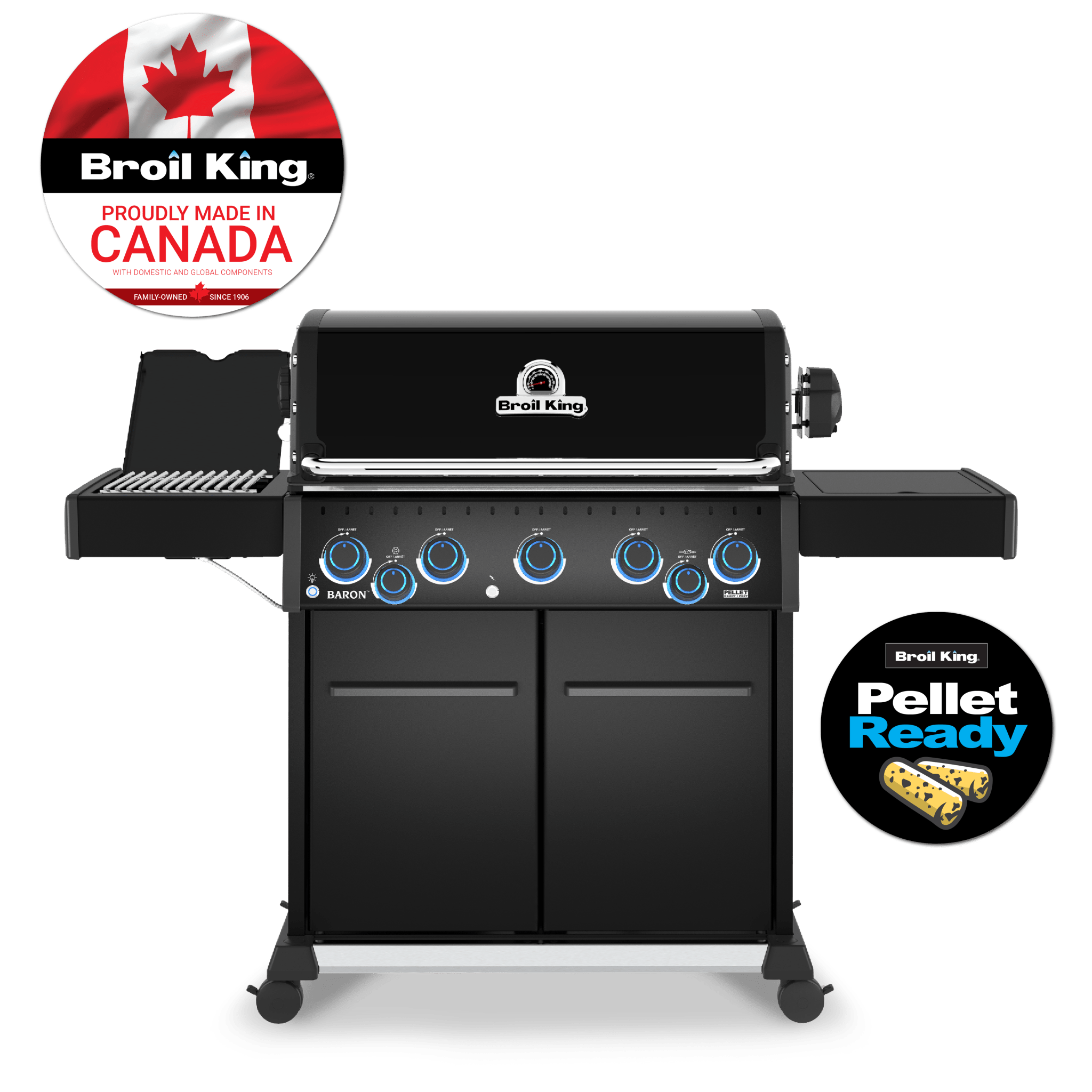 Black Broil King gas grill with side shelves, control knobs, and two circular promotional badges reading 'Broil King Premium Made in Canada' and 'Pellet Ready' on a white background.