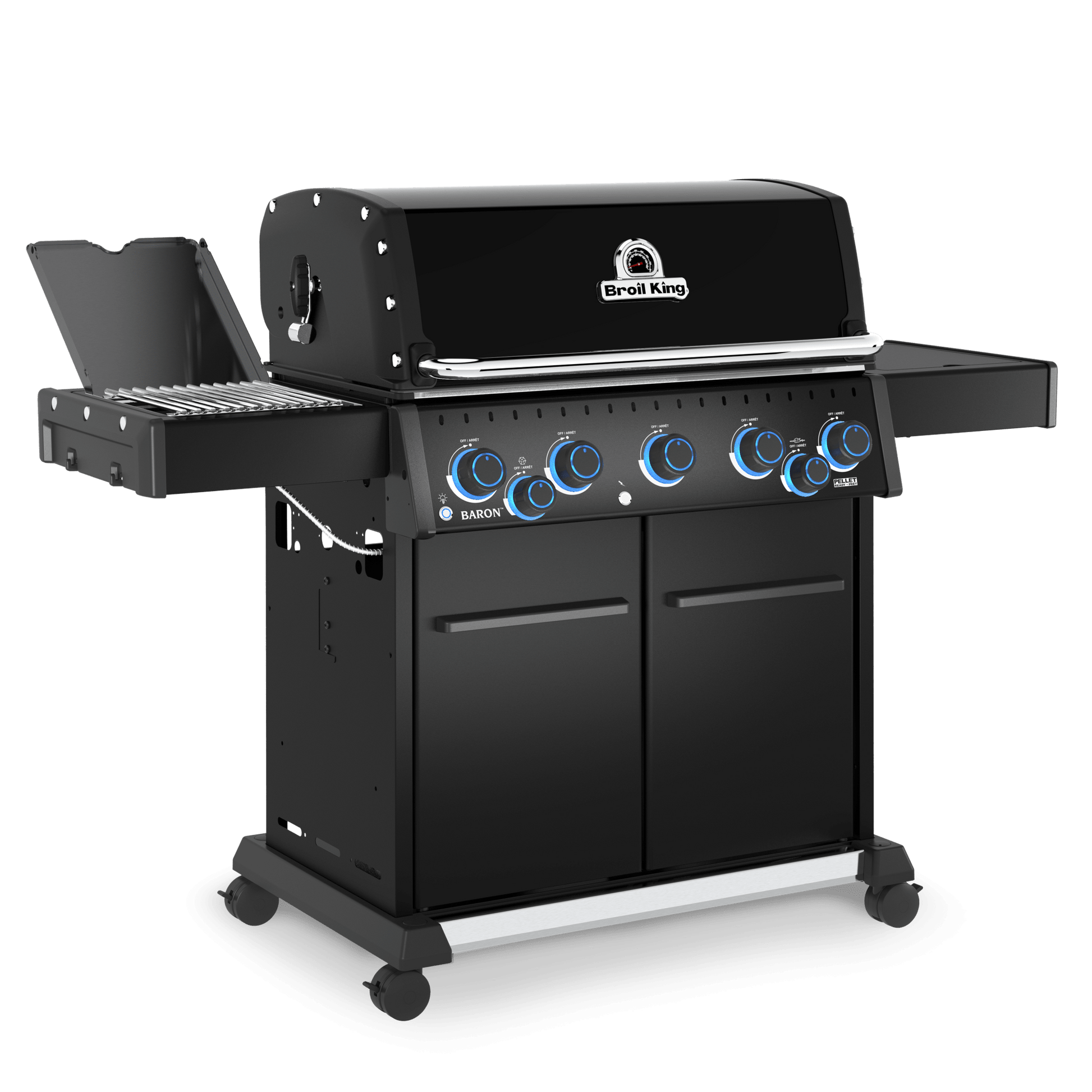 Black barbecue grill with multiple burners on a white background