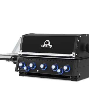 A black outdoor gas grill with a side table extension, featuring six blue and white control knobs on the front and a visible 'Grill King' logo on the top lid.