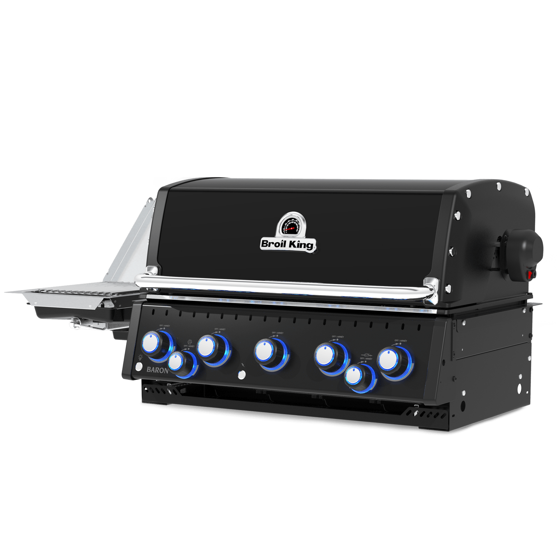 A black outdoor gas grill with a side table extension, featuring six blue and white control knobs on the front and a visible 'Grill King' logo on the top lid.