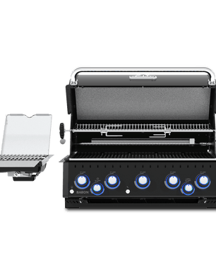 A black outdoor gas grill with its lid open, shown on a clean white background. The grill features five blue control knobs on the front, a stainless steel handle, and a side-mounted clear accessory holder.