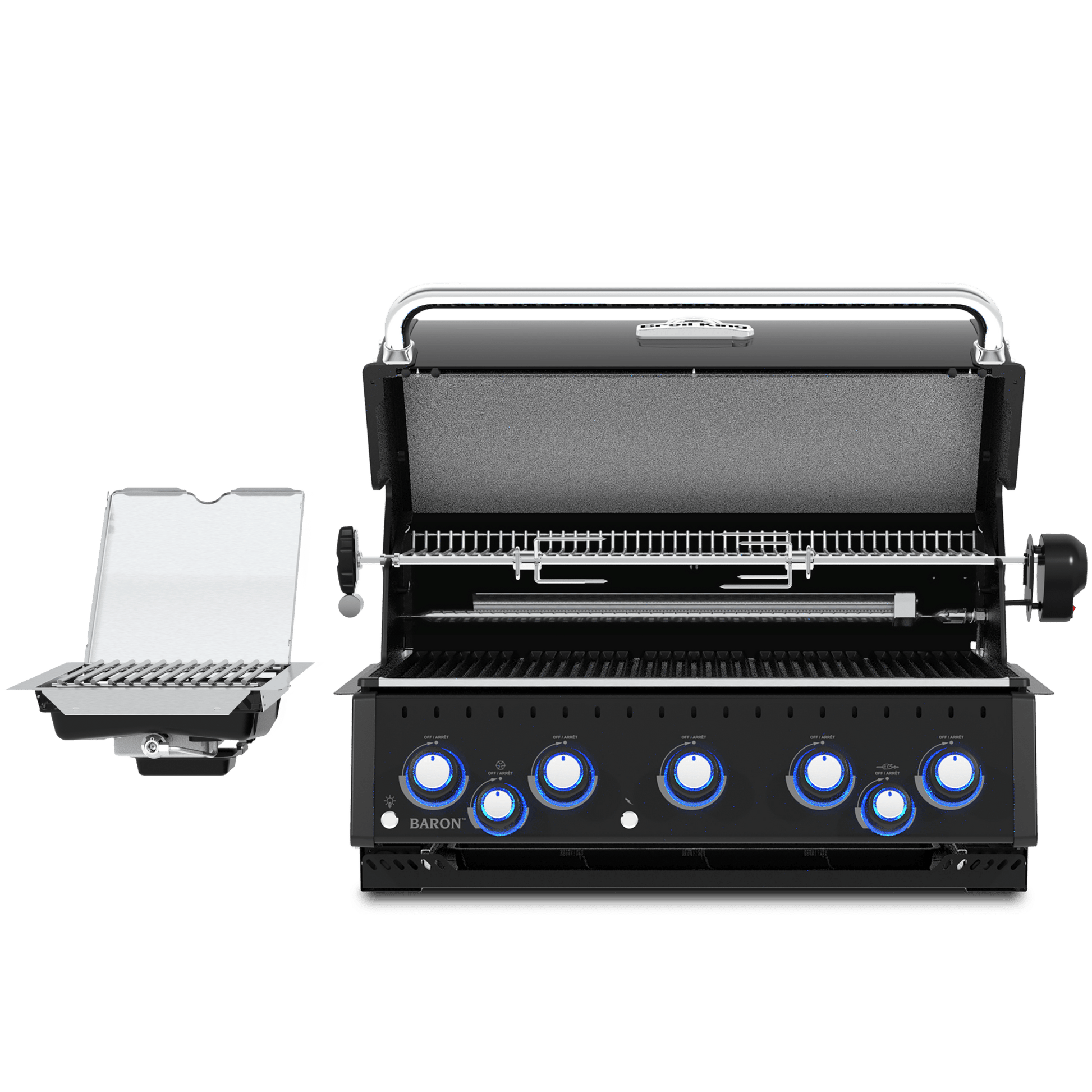 A black outdoor gas grill with its lid open, shown on a clean white background. The grill features five blue control knobs on the front, a stainless steel handle, and a side-mounted clear accessory holder.