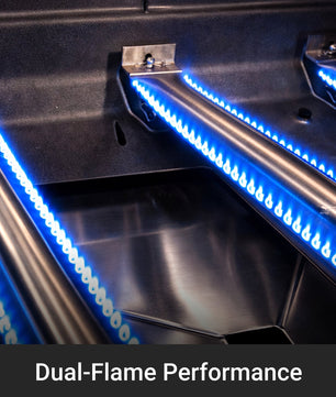 Close-up of a vehicle's interior with blue LED lights and 'Dual-Flame Performance' text.