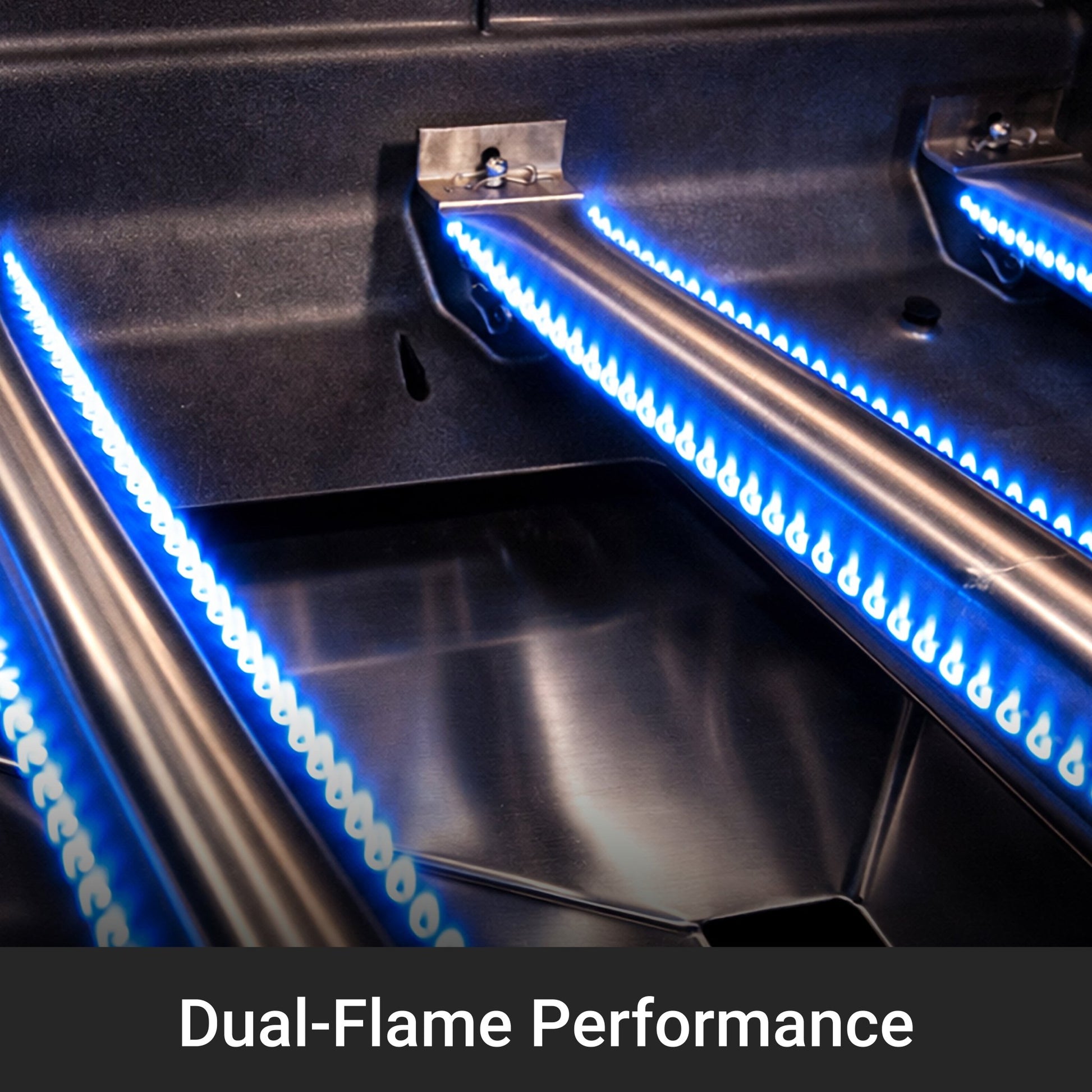 Close-up of a vehicle's interior with blue LED lights and 'Dual-Flame Performance' text.