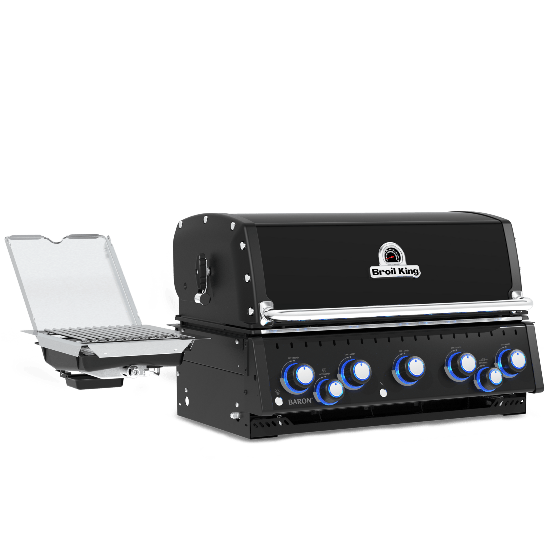 A black outdoor gas grill with a side attachment table, shown on a solid white background. The grill features a black lid with a chrome handle, a chrome control panel with blue accents, and a white 'Grill Monkey' logo on the front.