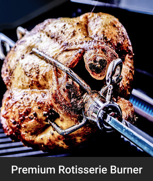 Roasted chicken on a rotisserie burner with 'Premium Rotisserie Burner' text.