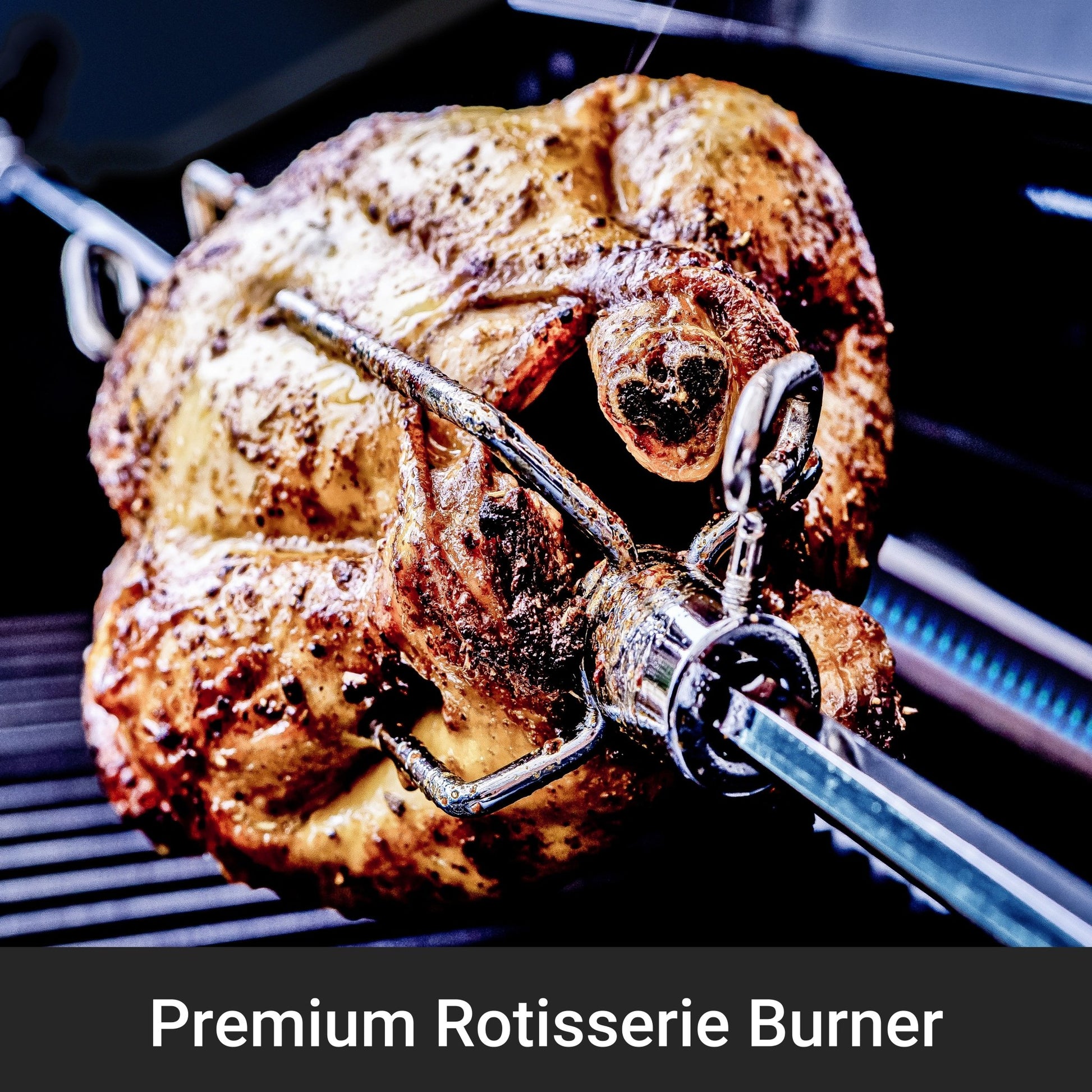 Roasted chicken on a rotisserie burner with 'Premium Rotisserie Burner' text.
