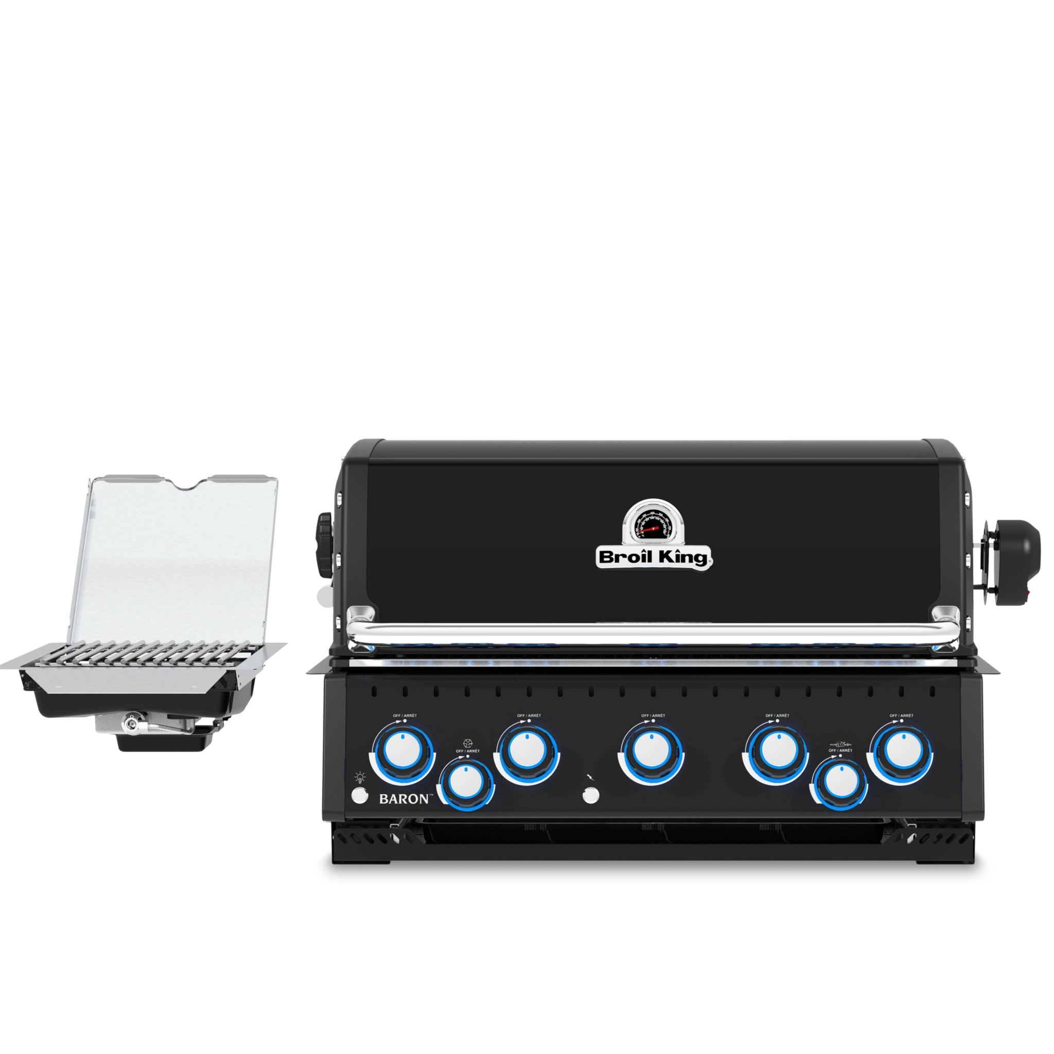 A black outdoor gas grill with five blue control knobs on the front, shown alongside a matching black side table with a clear glass lid on a white background.