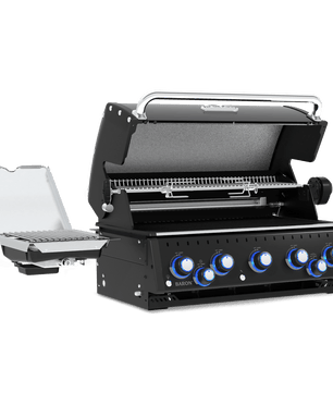 A black gas grill with its lid open, showing the interior grates and a side shelf with a clear cover. The front features six blue-lit control knobs.